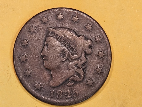 1825 Coronet Head Large Cent in Very Good plus