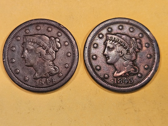 1843 and 1844 Braided Hair Large Cents