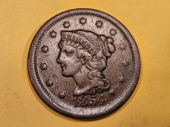 1854 Braided Hair Large Cent in Extra Fine