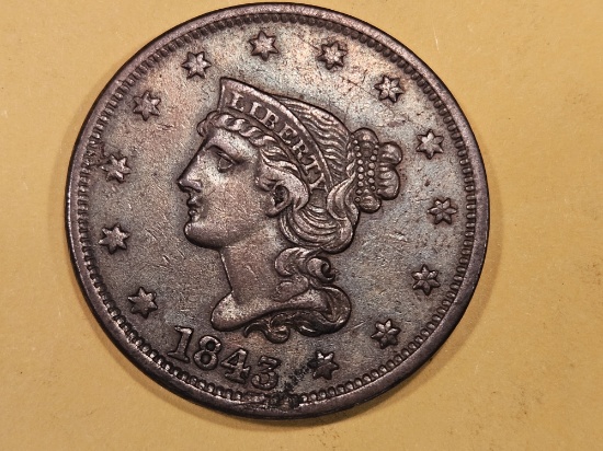 1843 Braided Hair Large Cent in About Uncirculated plus!