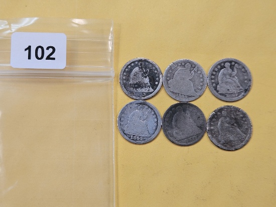 Six Seated Liberty Silver Half Dimes