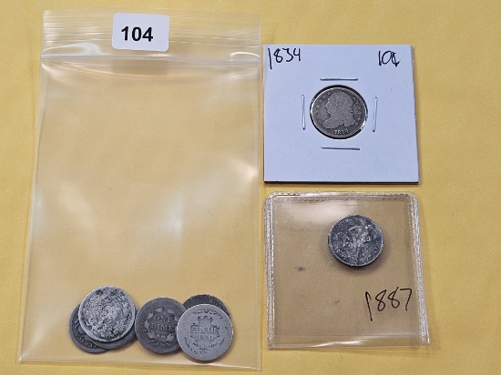 Six Circulated Seated Liberty Silver Dimes, 1834 Bust Silver Dime and 1887 Seated Liberty Dime