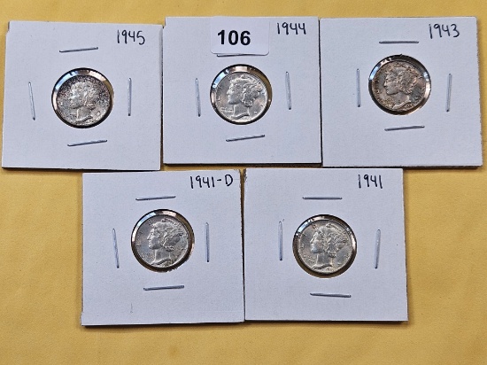 Five AU-BU Mercury Silver Dimes