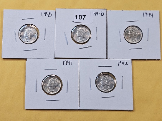 Five AU-BU Mercury Silver Dimes