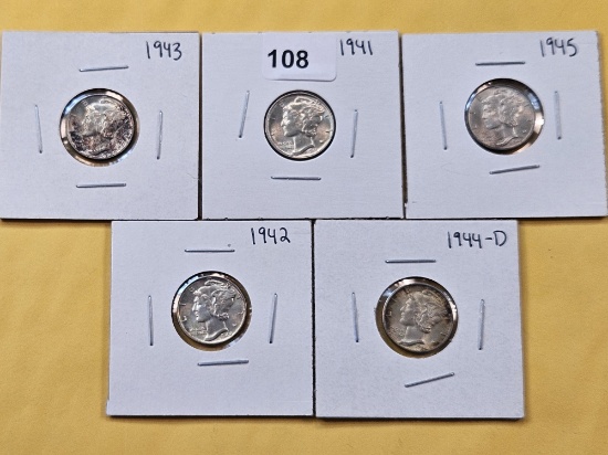 Five AU-BU Mercury Silver Dimes