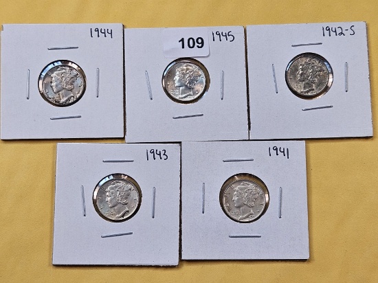 Five AU-BU Mercury Silver Dimes