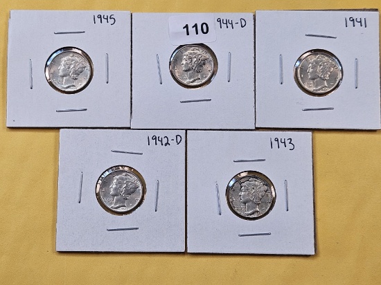 Five AU-BU Mercury Silver Dimes