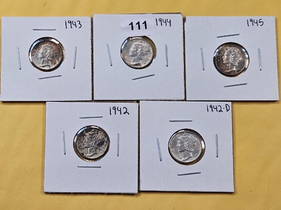 Five AU-BU Mercury Silver Dimes