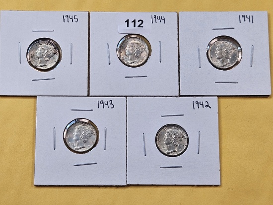 Five AU-BU Mercury Silver Dimes