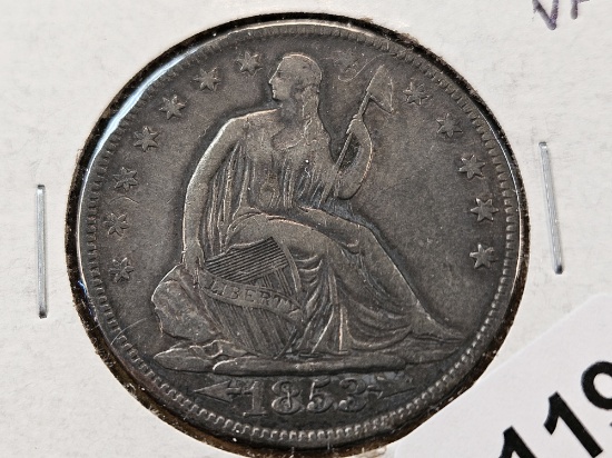 1853 Arrows and Rays Seated Liberty Silver Half Dollar