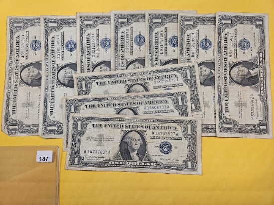 Ten Circulated Blue Seal One Dollar Silver Certificates