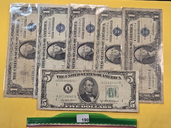 Five One Dollar Silver Certificates and a Series 1950-B Five Dollar Federal Reserve Note