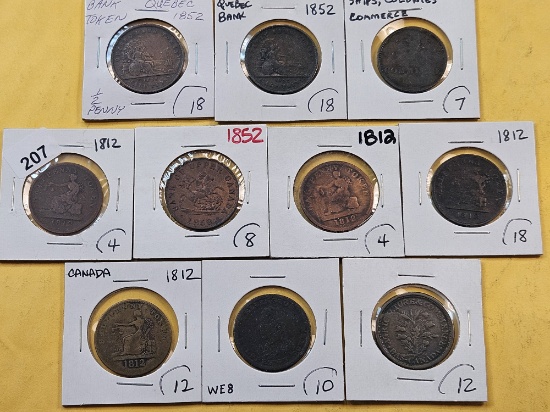 Ten Bank Tokens From Canada and Upper Canadian Provinces