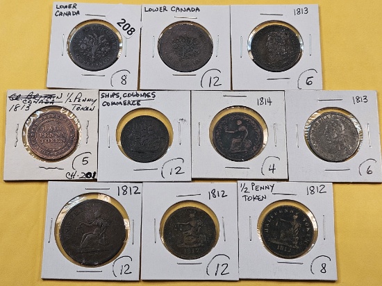 Ten Bank Tokens From Canada and Upper Canadian Provinces