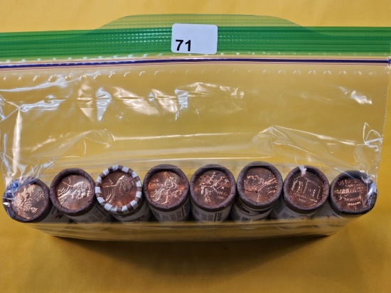 Eight Bank-Wrapped Rolls of Brilliant Uncirculated Lincoln Cents