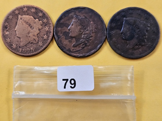 Three Circulated Coronet Head Large Cents