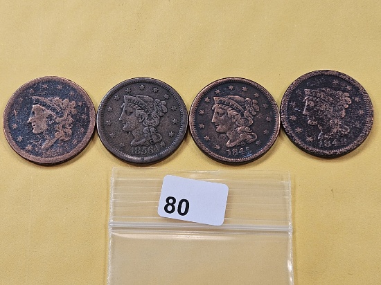 1845, 1848 and 1856 Braided Hair Large Cents and One Dateless Coronet Head Large Cent