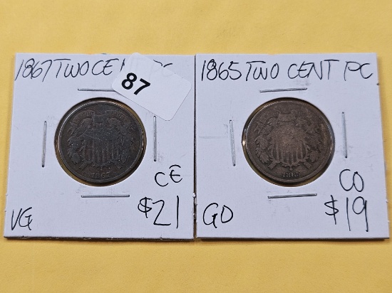 Two Circulated Two-cent Pieces