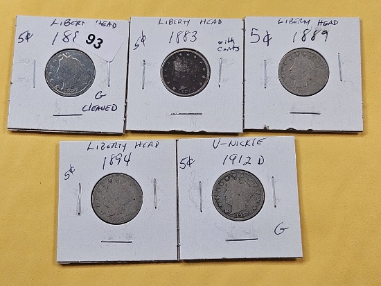 Five Circulated Liberty Head Nickels