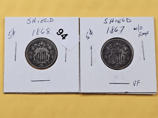 Two Circulated Shield Nickels