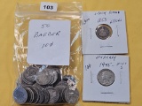 Fifty Circulated Barber Silver Dimes, 1853 Arrows Seated Liberty Silver Half Dime and 1945-S Micr...