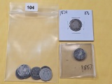 Six Circulated Seated Liberty Silver Dimes, 1834 Bust Silver Dime and 1887 Seated Liberty Dime