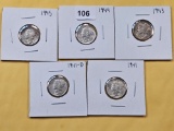 Five AU-BU Mercury Silver Dimes