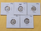 Five AU-BU Mercury Silver Dimes