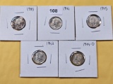 Five AU-BU Mercury Silver Dimes