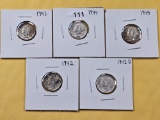 Five AU-BU Mercury Silver Dimes