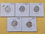 Five AU-BU Mercury Silver Dimes