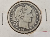 Semi-Key Date 1913 Barber Silver Quarter