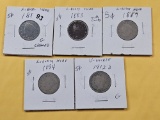 Five Circulated Liberty Head Nickels