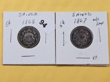 Two Circulated Shield Nickels