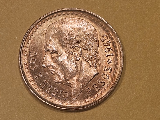 GOLD! Brilliant Uncirculated plus 1945 Mexico GOLD 2.5 pesos