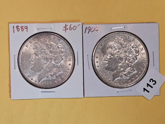 Two About Uncirculated plus Morgan Silver Dollars