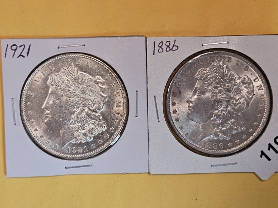 Two About Uncirculated plus Morgan Silver Dollars