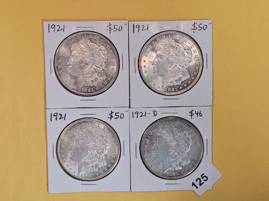 Four Bright AU to BU 1921 and 1921-D Morgan Dollars