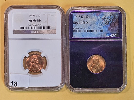 Two GEM, NGC-graded Lincoln Wheat Cents in Mint State 66 RED