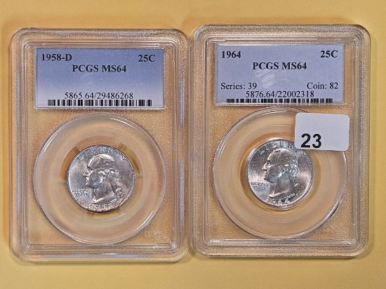 PCGS 1958-D and 1964 silver Washington Quarters