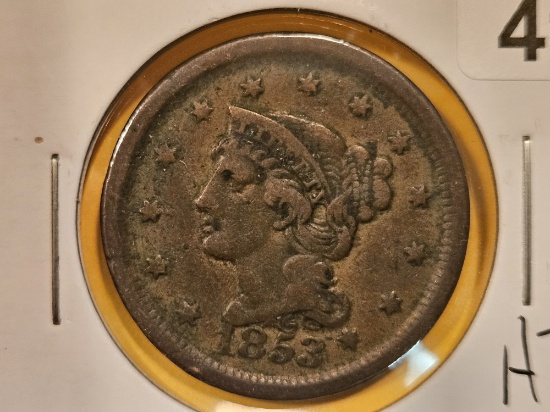 1853 Braided Hair Large Cent in Fine