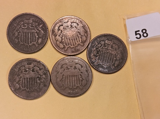 Five mixed Two-Cent pieces