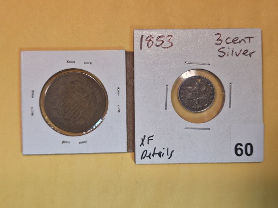 1865 Two Cent piece and 1853 Three Cent Silver Trime