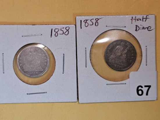 Two 1858 Seated Liberty Half Dimes