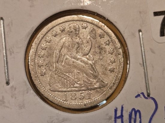1851 Seated Liberty Dime in Very Fine plus - details