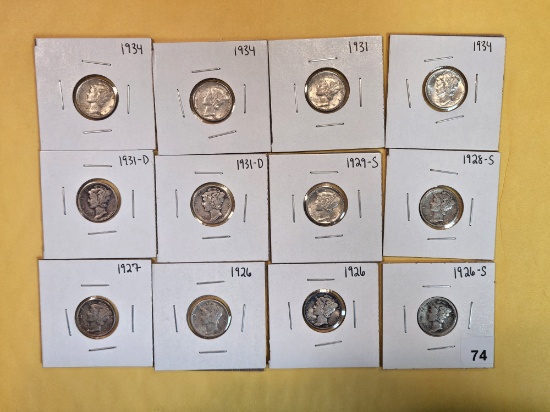 Twelve mixed silver Mercury Dimes