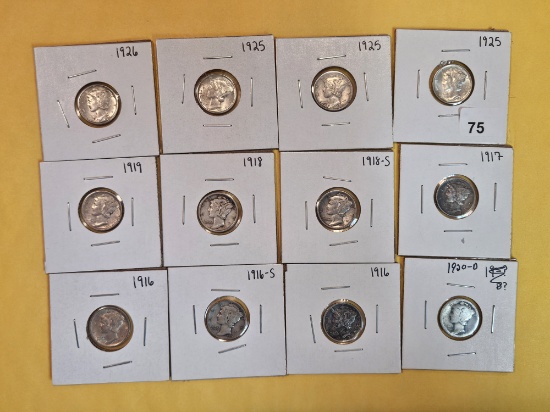 Twelve mixed silver Mercury Dimes