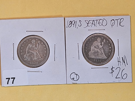 1858 and 1891-S Seated Liberty Quarters