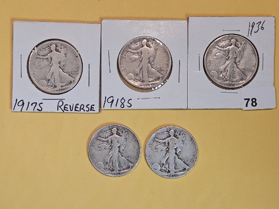 Five mixed Walking Liberty Half Dollars