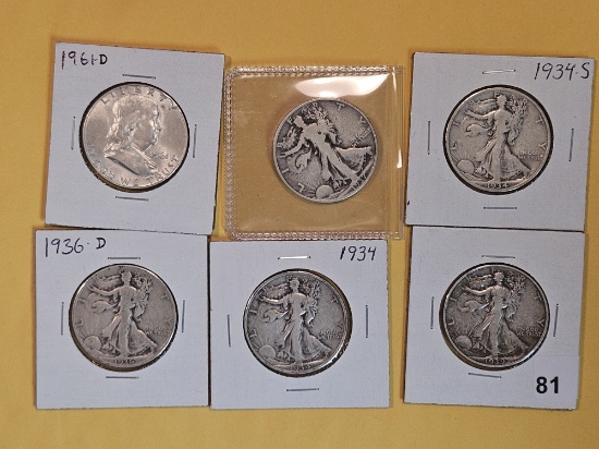Six mixed silver half dollars